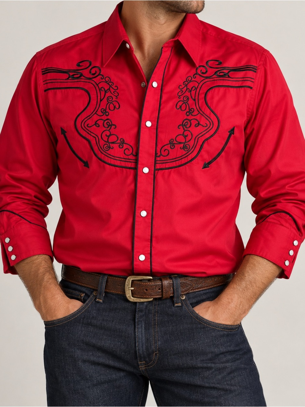 Red Embroidered Western Pearl Snap Shirt 2XL Cowboy Rodeo Black Scroll